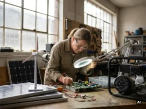 Ingenieur onderzoekt circuitbord in werkplaats, omringd door duurzame energiecomponenten zoals zonnepanelen en windturbine modellen.