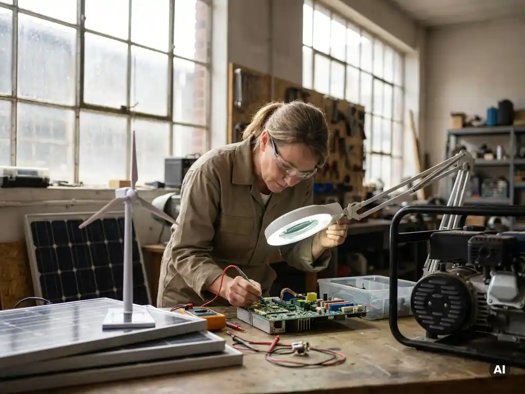Ingenieur onderzoekt circuitbord in werkplaats, omringd door duurzame energiecomponenten zoals zonnepanelen en windturbine modellen.