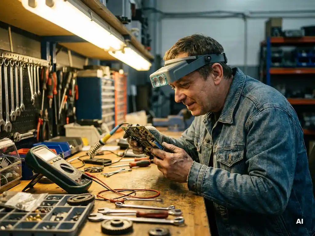 Technicus onderzoekt nieuwsgierig een elektrisch circuitbord, omringd door gereedschap en componenten op een werkbank in helder verlichte werkplaats.