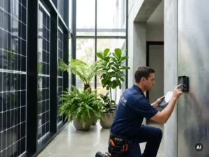 Technicus past slimme thermostaten aan in modern gebouw met geïntegreerde zonnepanelen en groene planten, natuurlijk licht stroomt binnen.