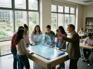 Moderne klaslokaal met diverse studenten rond high-tech tafel, holografische display, professor wijst enthousiast naar data.