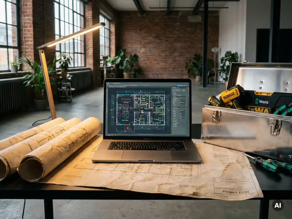 Moderne werkplek met laptop die digitaal installatieplan toont, omringd door oude blauwdrukken en gereedschapskist, sfeerverlichting.