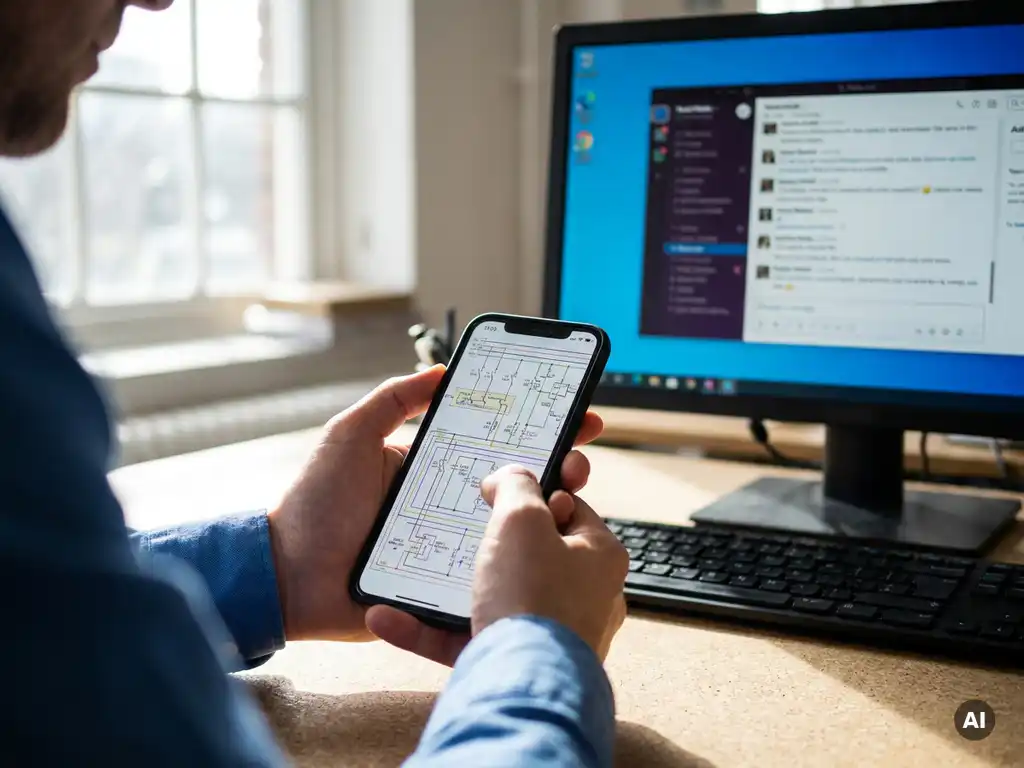 Persoon houdt smartphone met elektrisch circuitdiagram vast, desktop toont chatapp, zacht natuurlijk licht, focus op details.