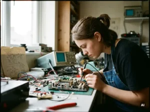 Jonge student werkt geconcentreerd aan complexe schakeling op werkbank, omringd door elektronische componenten, natuurlijk licht.