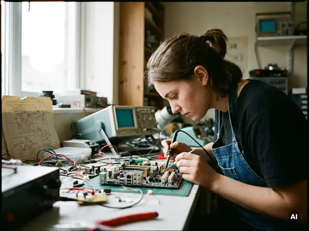 Jonge student werkt geconcentreerd aan complexe schakeling op werkbank, omringd door elektronische componenten, natuurlijk licht.