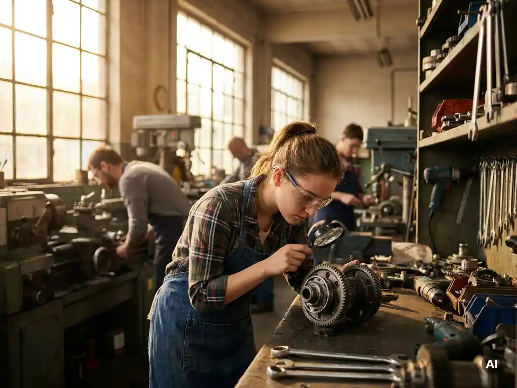 Jonge student onderzoekt mechanisch onderdeel in drukke werkplaats, omgeven door gereedschap, met warm licht door grote ramen.