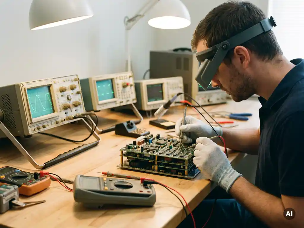 Technicus onderzoekt complex printplaat met precisie, omringd door diagnostische tools op georganiseerd werkbank, zachte verlichting.