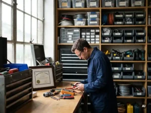 Technicus onderzoekt elektrische gereedschappen in werkplaats met certificaat op werkbank, omgeven door apparatuur en zacht licht.