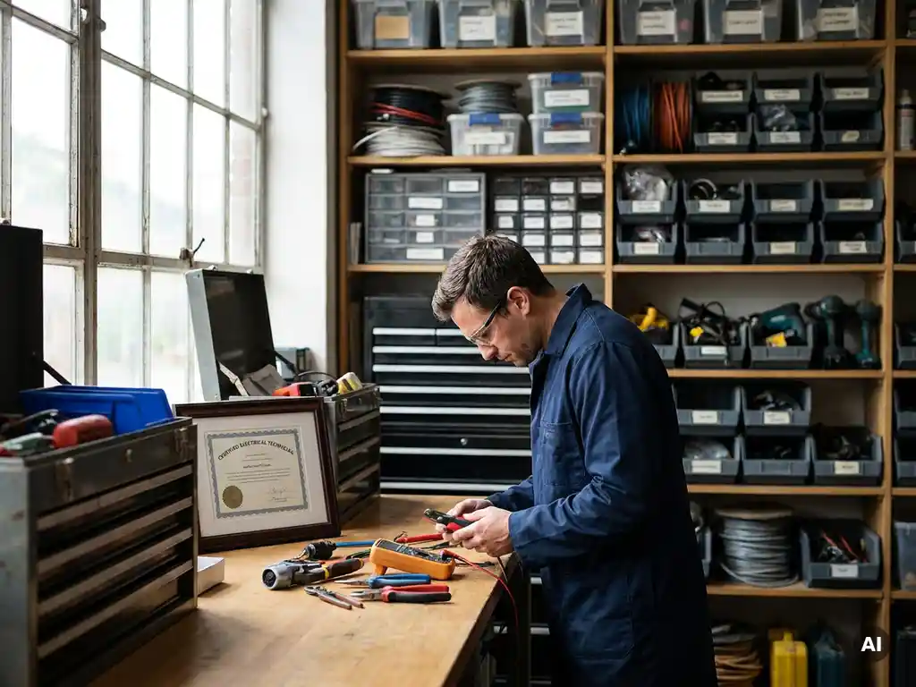 Technicus onderzoekt elektrische gereedschappen in werkplaats met certificaat op werkbank, omgeven door apparatuur en zacht licht.