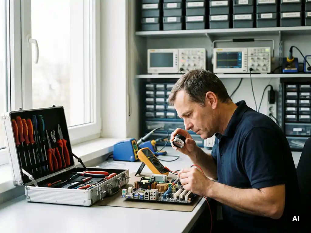 Technicus onderzoekt aandachtig een elektrische schakeling, met gereedschapskist en georganiseerde werkplaats op de achtergrond.