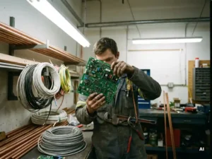 Technicus in werkplaats met printplaat en loodgietersgereedschap, omgeven door elektrische draden en koperen buizen.