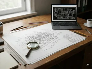 Technische tekening op houten bureau met vergrootglas, open laptop met elektrisch schema, zacht natuurlijk licht, fotorealistisch.