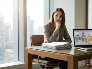 Zelfverzekerde zakenprofessional overweegt opties aan bureau met documenten en laptop, natuurlijk licht door raam.