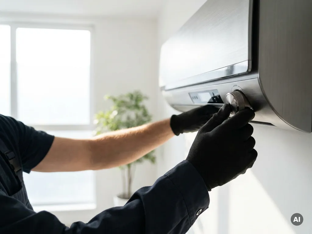 Technicus past moderne airconditioning aan in minimalistische kamer met groot raam en zacht natuurlijk licht.