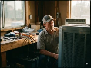 Airconditioningstechnicus werkt geconcentreerd aan complex HVAC-systeem, gereedschap op werkbank, warme lichtinval, 35mm film.