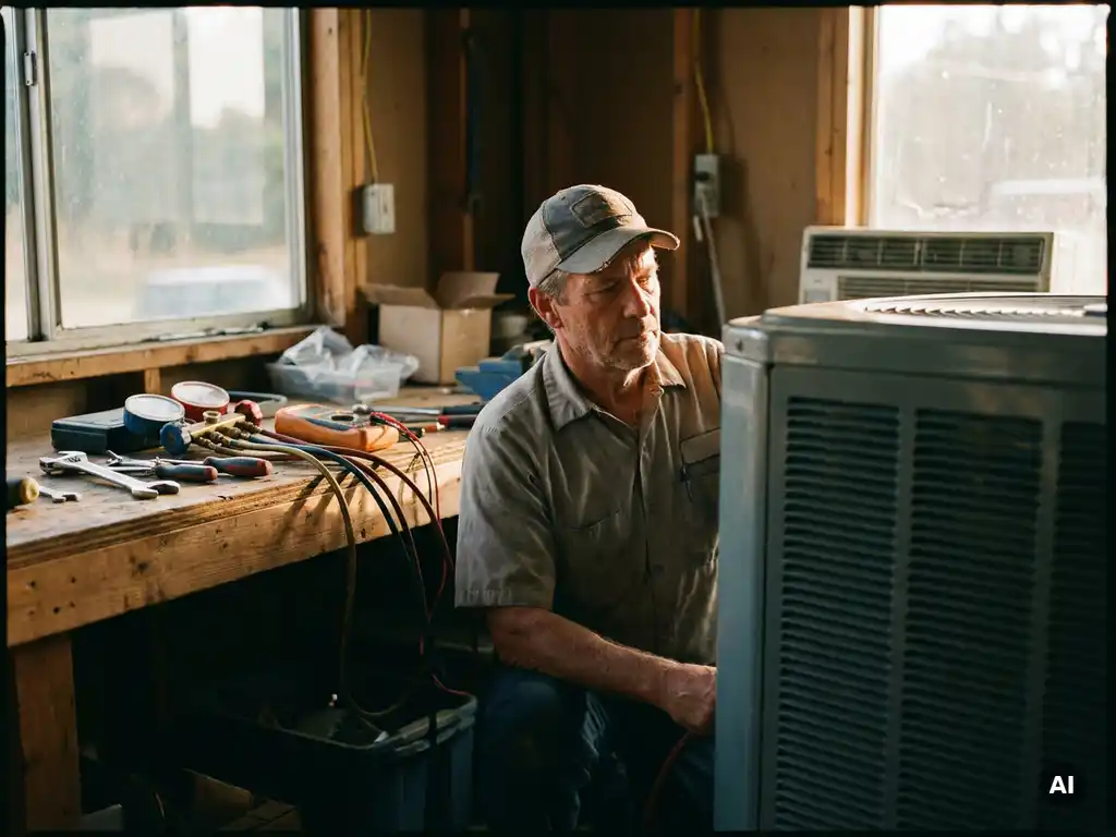 Airconditioningstechnicus werkt geconcentreerd aan complex HVAC-systeem, gereedschap op werkbank, warme lichtinval, 35mm film.