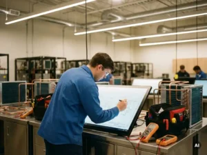 Airconditioningstechnicus onderzoekt koelcircuitdiagram, omringd door HVAC-gereedschap in moderne trainingsfaciliteit.
