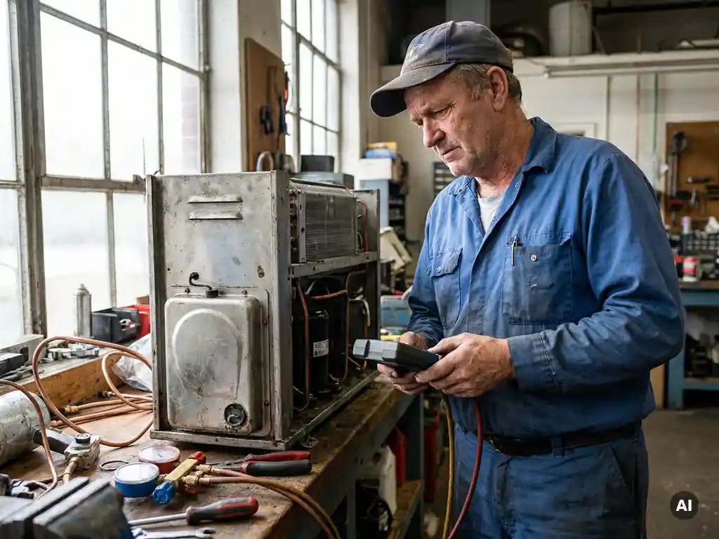 Airconditioningstechnicus onderzoekt koelunit in werkplaats, gereedschap op werkbank, natuurlijk licht, gedetailleerd en realistisch.
