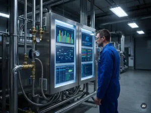 Technicus onderzoekt modern bedieningspaneel met digitale displays en kleurrijke grafieken in een hightech industriële omgeving.