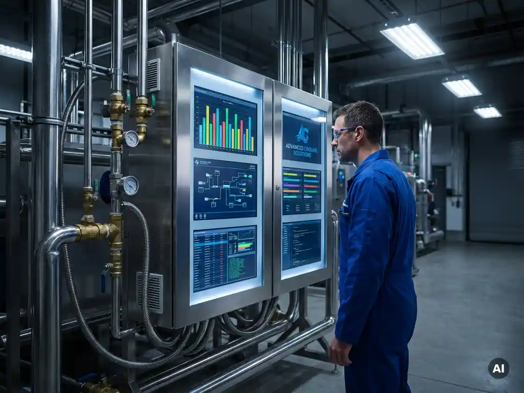Technicus onderzoekt modern bedieningspaneel met digitale displays en kleurrijke grafieken in een hightech industriële omgeving.
