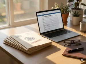 Netjes bureau met stapel documenten, open laptop met digitaal formulier, leesbril en pen, zacht natuurlijk licht, fotorealistisch.