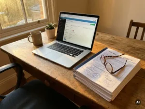 Laptop met digitaal register op houten bureau, elektrische certificaten, leesbril, zacht middaglicht, fotorealistische stijl.