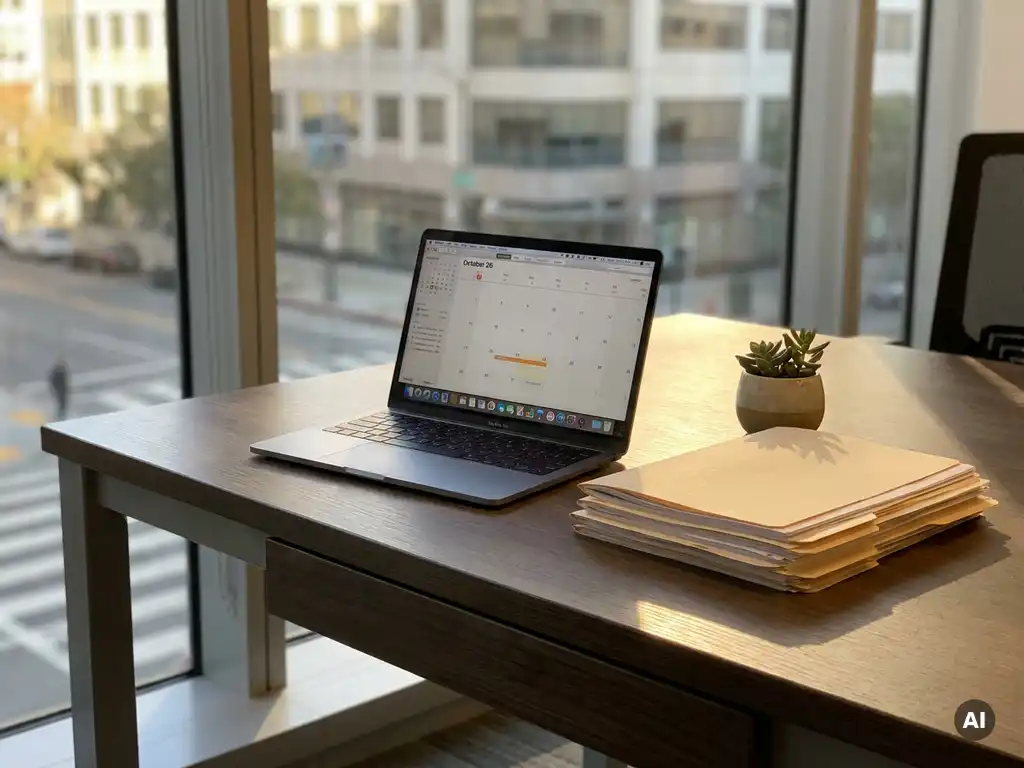 Laptop met kalenderapp op modern bureau, naast stapel documenten en plant, in warm zonlicht met zachte schaduwen.