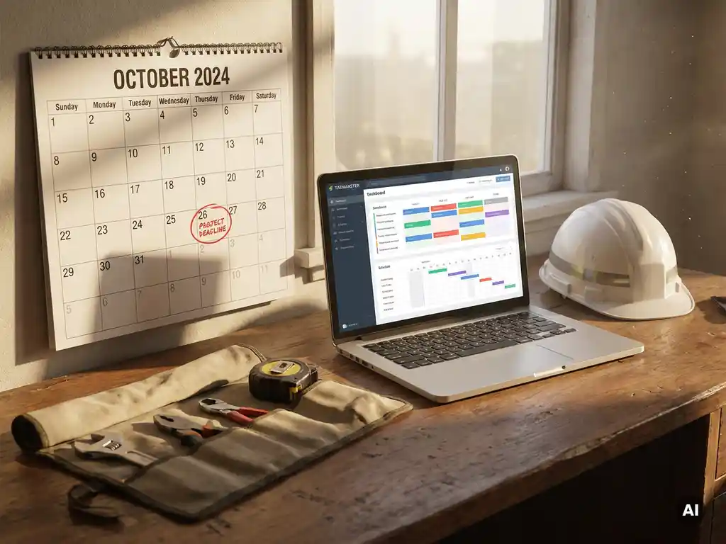Bureau met kalender met gemarkeerde datum, open laptop met planningssoftware, bouwhelm en gereedschap in zacht ochtendlicht.
