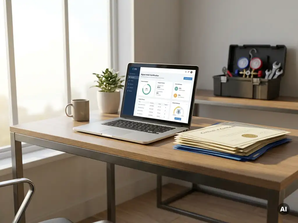 Moderne bureautafel met laptop en digitale certificaatinterface, stapel papieren certificaten, HVAC-gereedschapskist op achtergrond.