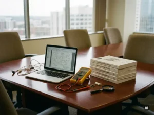 Moderne vergadertafel met elektrische trainingsmaterialen, laptop met schakeldiagram, multimeter en technische handleidingen.