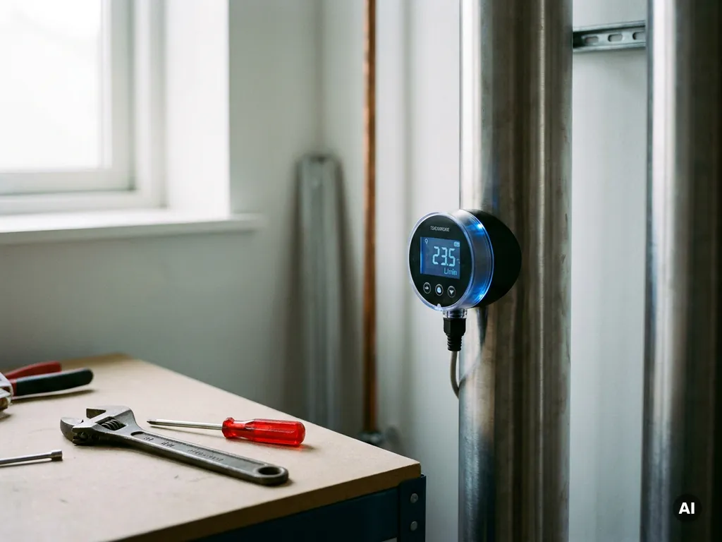 Digitale flowmeter op moderne verwarmingsbuis met gereedschap, reflecterende metalen glans, gefotografeerd in filmstijl.