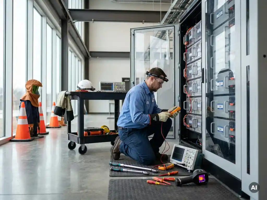 Elektricien onderzoekt batterijopslagsysteem in moderne trainingsfaciliteit, omringd door geavanceerde gereedschappen en veiligheidsuitrusting.
