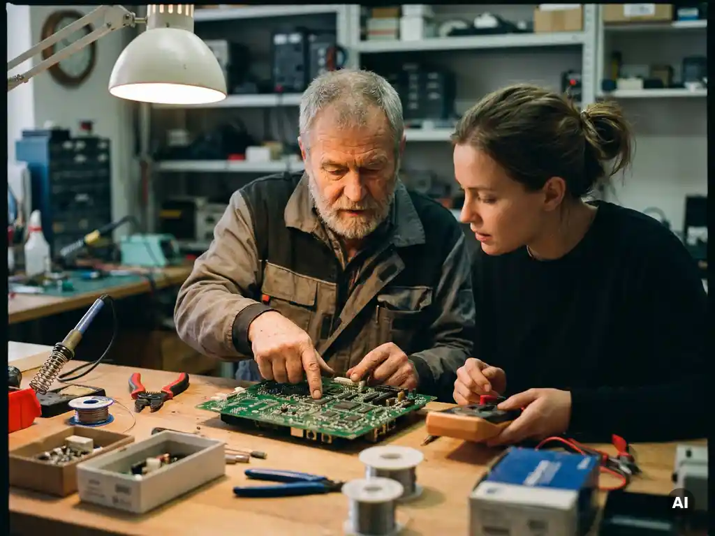 Ervaren elektricien toont schakelkast aan oplettende leerling, omringd door gereedschap, warme werkplaatsverlichting, hands-on leren.