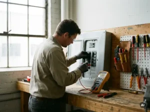 Elektricien onderzoekt digitale multimeter bij elektrisch paneel, omringd door gereedschap op werkbank, daglicht door raam.