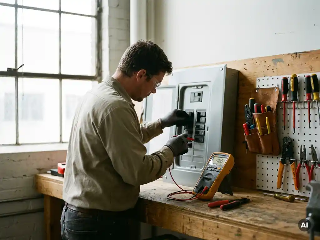 Elektricien onderzoekt digitale multimeter bij elektrisch paneel, omringd door gereedschap op werkbank, daglicht door raam.