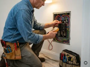 Elektricien onderzoekt elektrische bedrading met multimeter bij open paneel, omringd door gereedschap, op witte muur.