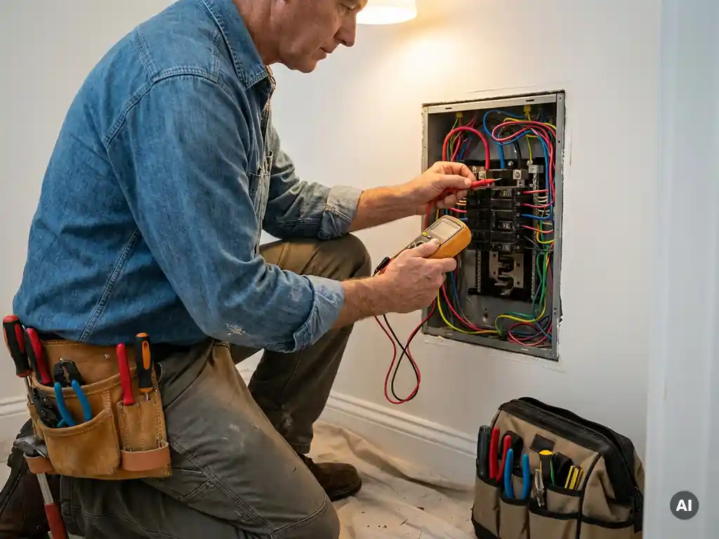 Elektricien onderzoekt elektrische bedrading met multimeter bij open paneel, omringd door gereedschap, op witte muur.