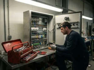 Elektricien onderzoekt zorgvuldig een open elektrisch paneel met kleurrijke draden en schakelaars in een werkplaatsomgeving.