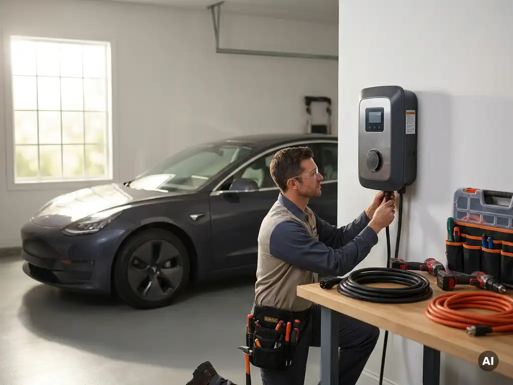 Elektricien installeert moderne EV-laadpaal in garage met elektrische auto, omringd door gereedschap en kabels, zacht licht.