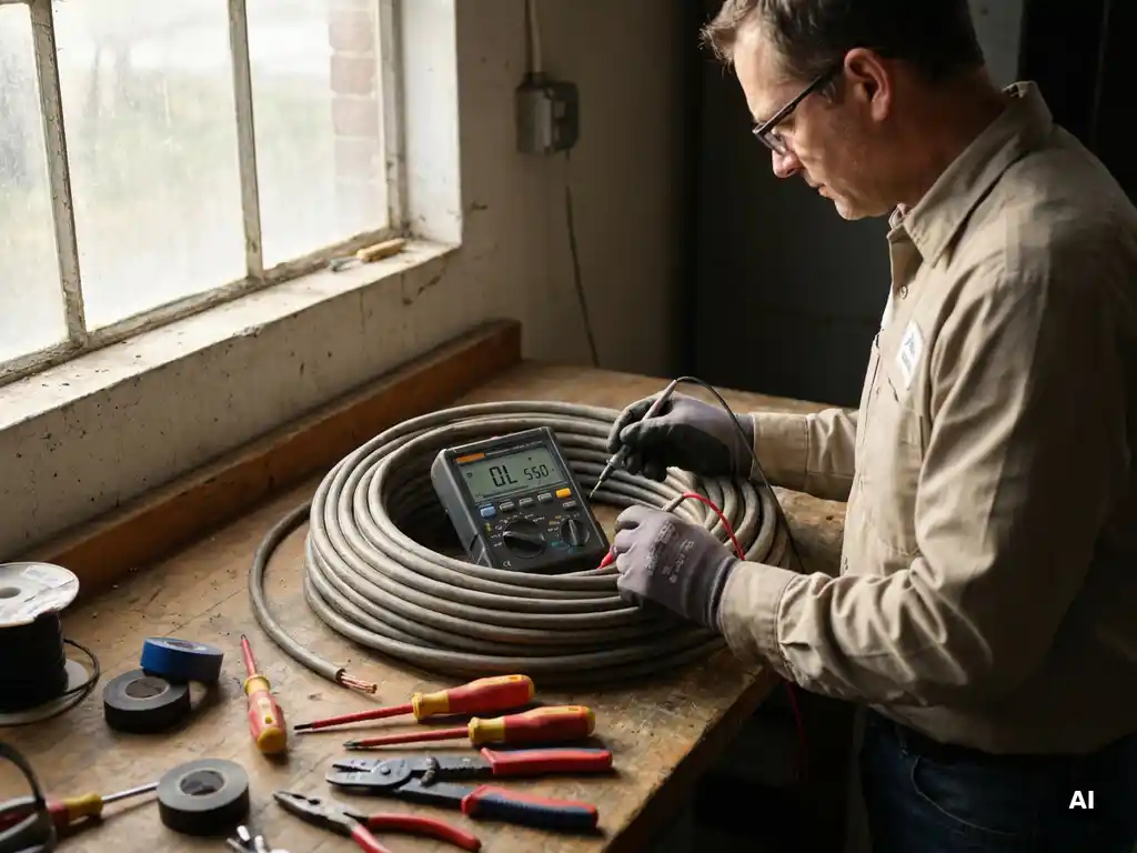 Elektricien meet isolatieweerstand van dikke kabel met multimeter, werkbank met gereedschap, zacht licht door raam.