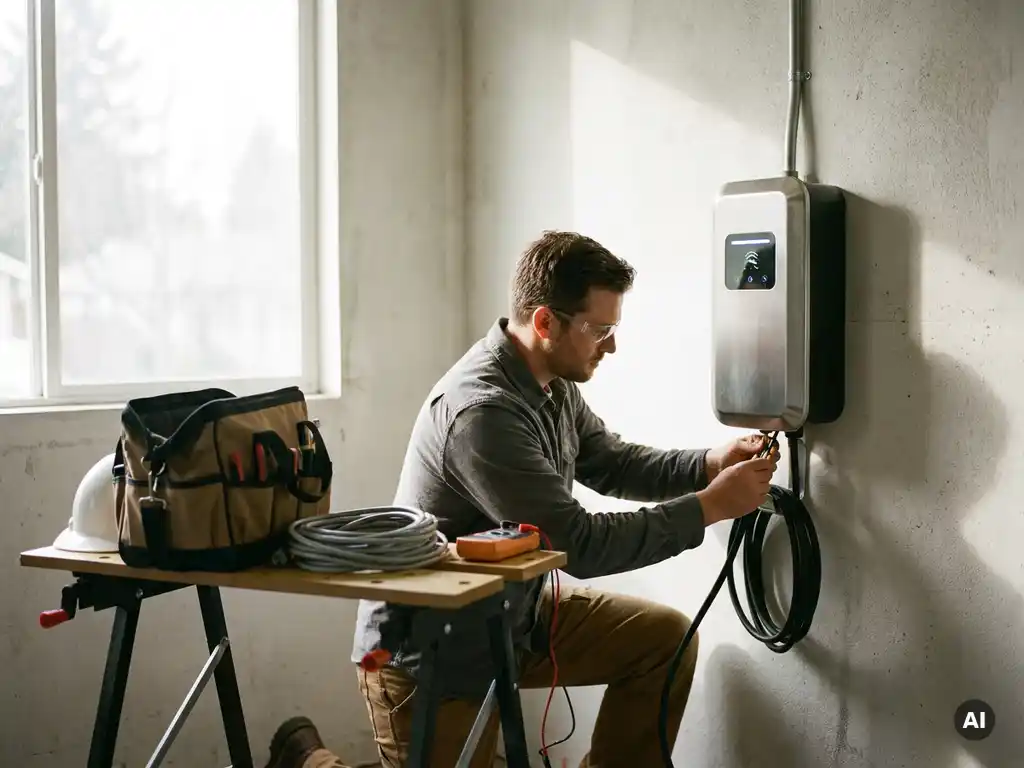 Elektricien installeert moderne EV-laadpaal in garage, omringd door gereedschap, verlicht door daglicht, gedetailleerd op 35mm film.