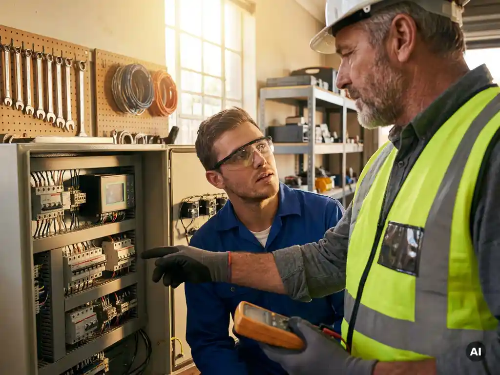 Jonge elektricien luistert aandachtig naar mentor bij complex elektrisch paneel in lichte werkplaats met gereedschap op achtergrond.