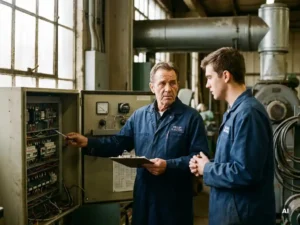 Ervaren elektricien inspecteert elektrisch paneel met jonge leerling, omringd door bedrading en machines, in zacht natuurlijk licht.