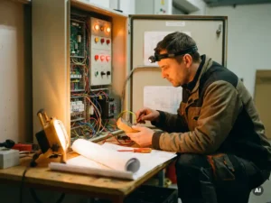 Elektricien onderzoekt noodverlichtingspaneel, omringd door gereedschap en schema's, warme gloed, gedetailleerd 35mm film shot.