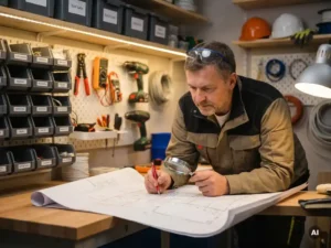 Elektricien onderzoekt elektrisch schema in nette werkplaats, omringd door moderne gereedschappen en veiligheidsuitrusting.