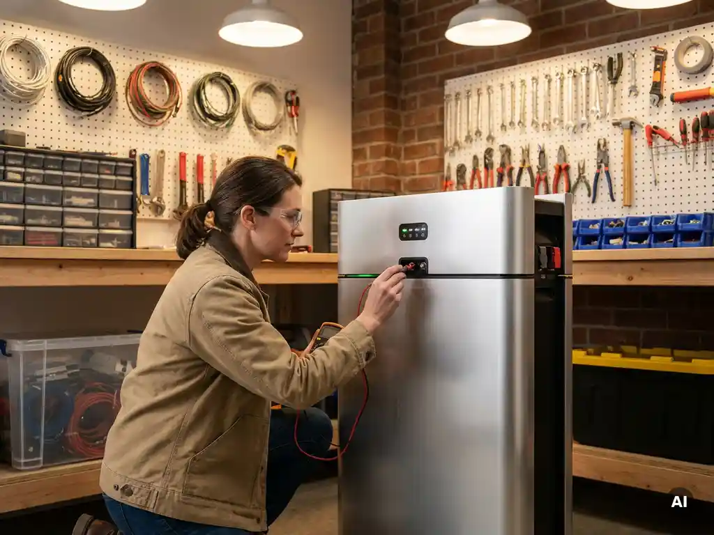 Elektricien onderzoekt modern thuisbatterijsysteem in werkplaats, omringd door gereedschap en elektrische componenten, sfeervolle verlichting.