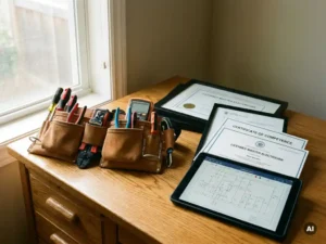 Professionele elektricien gereedschapsriem op houten bureau met certificaten en tablet met elektrisch schema in warm licht.