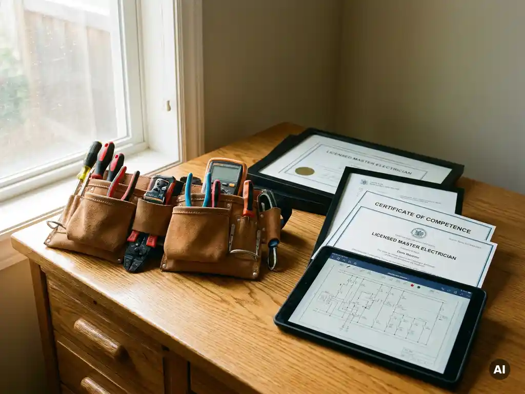 Professionele elektricien gereedschapsriem op houten bureau met certificaten en tablet met elektrisch schema in warm licht.