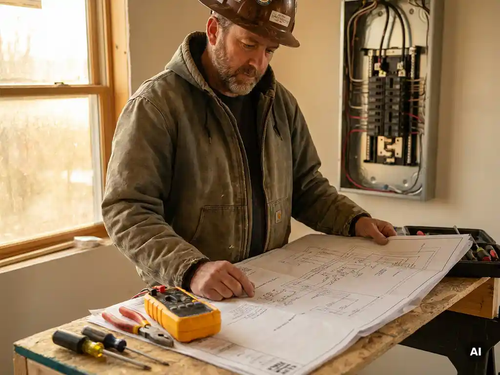 Vakkundige aannemer onderzoekt bedradingstekening, omringd door gereedschap, met elektrische paneel op de achtergrond.