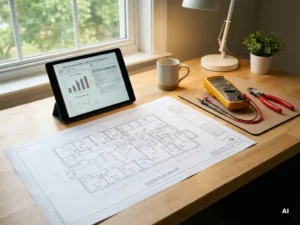 Elektrisch blauwdruk op houten bureau met tablet, multimeter en draadknippers in zacht licht, fotorealistische diepte.